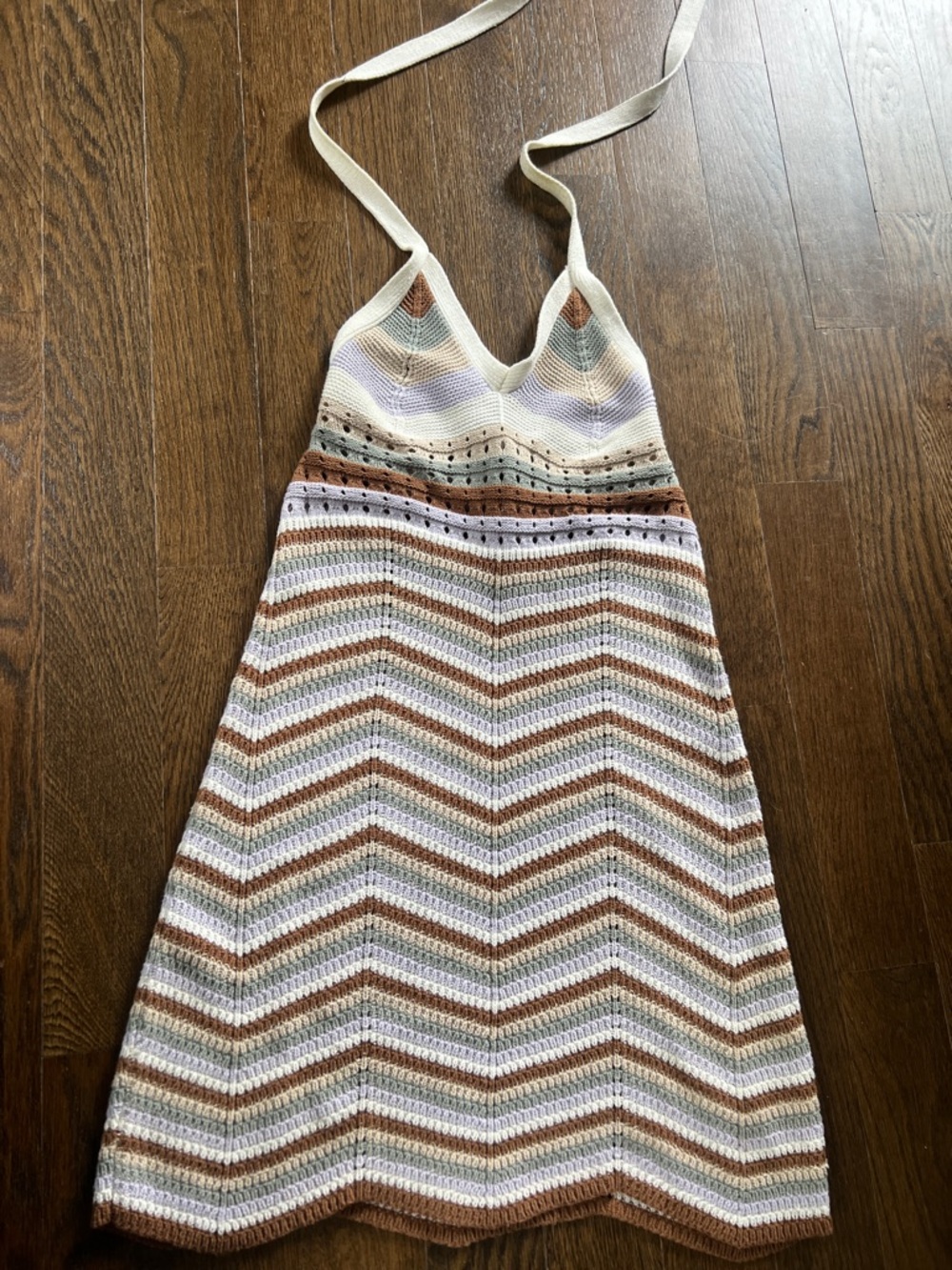 Striped Crochet Halter Dress in Cream, Brown, Lavender